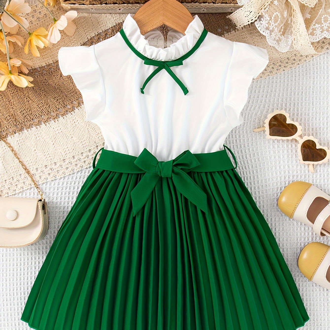 Girls Summer Dress with Polyester Knee-Length Pleated Skirt Stand Collar Sleeveless Ruffle Bow Casual