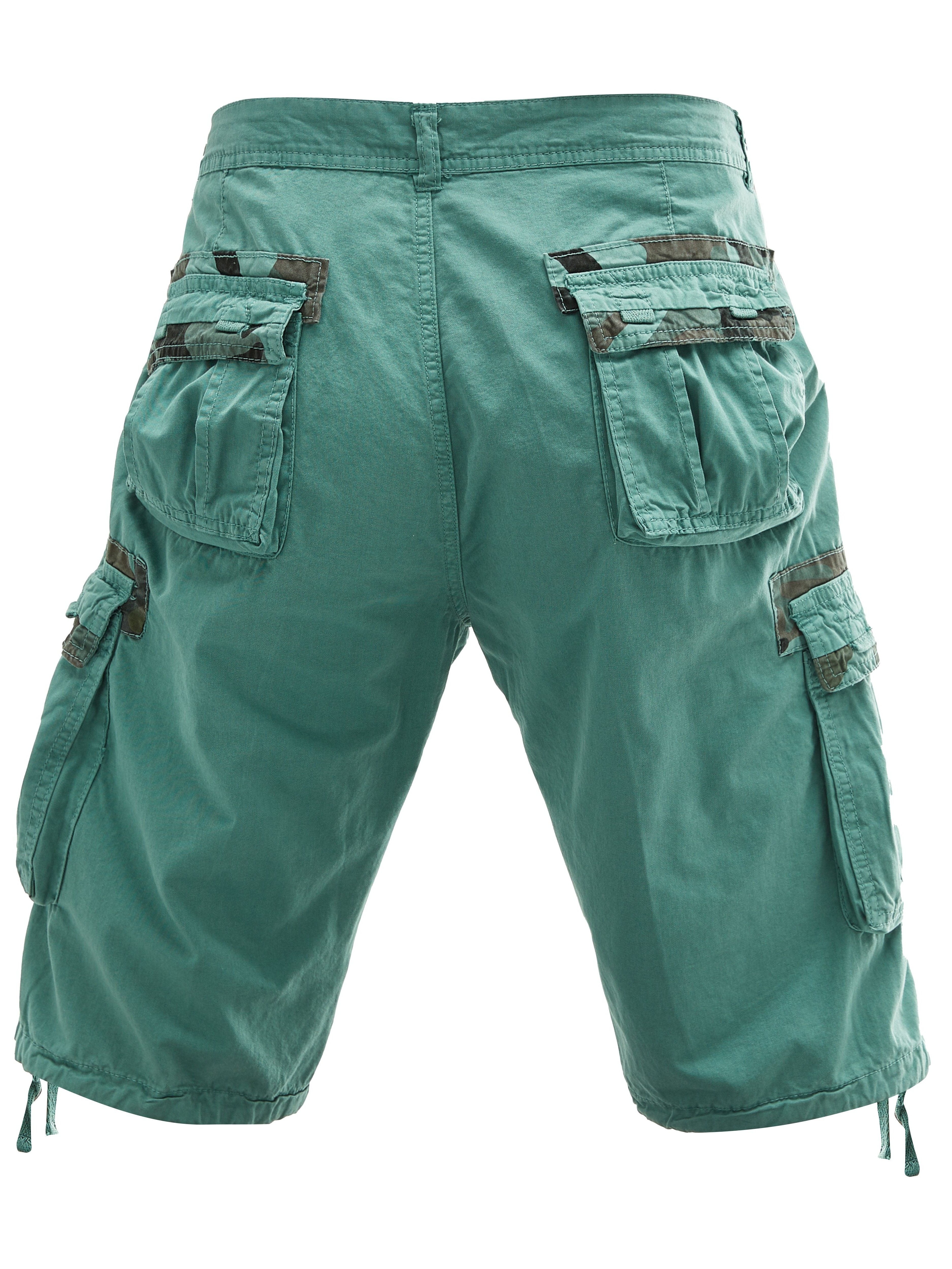 Erkaklar uchun ortiqcha kattalikdagi paxta yuk shortlari, cho'zilmaydigan, bir nechta cho'ntaklar, bir rangda, keng kesimda va to'qilgan mato.