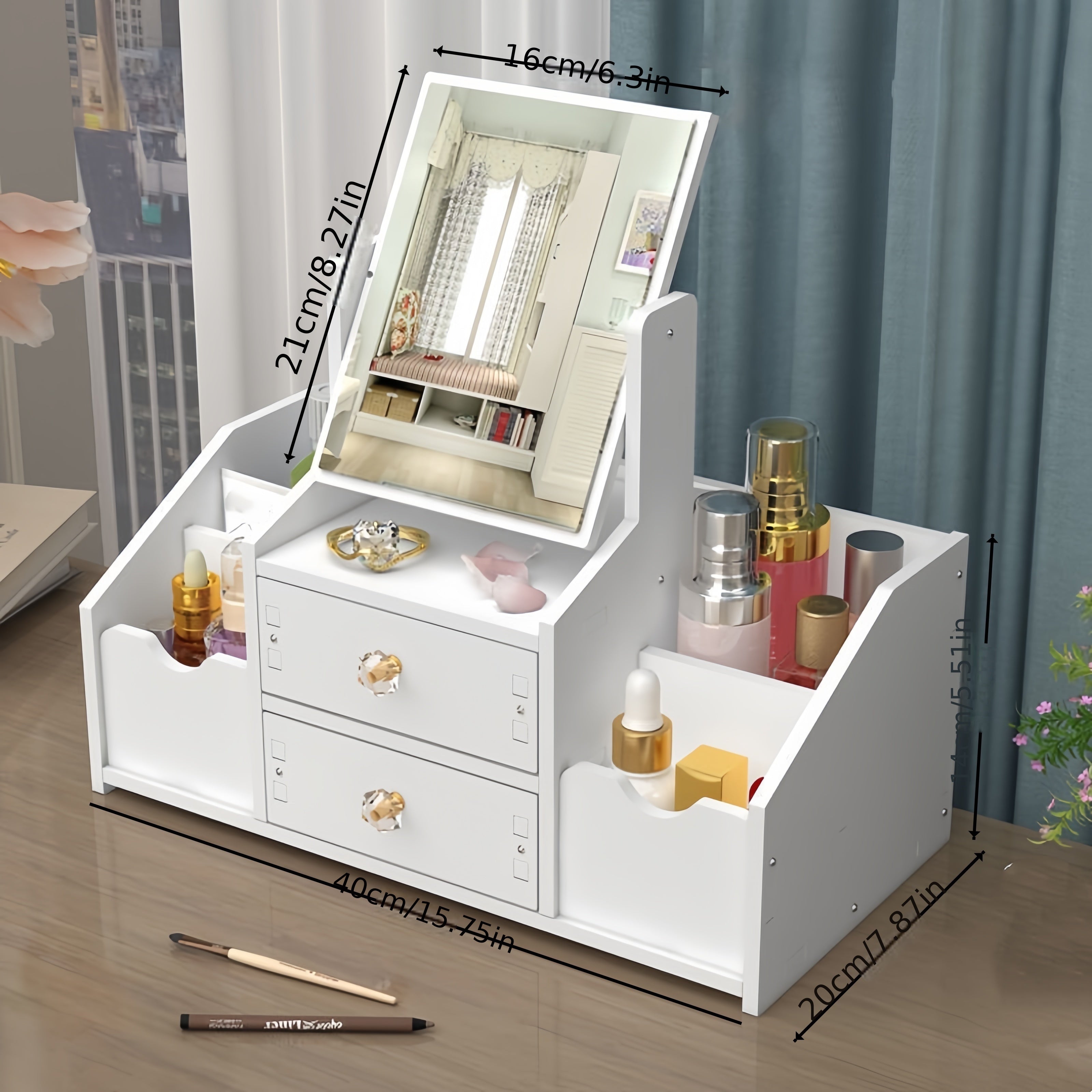 Countertop Makeup Organizer with Mirror Drawer Floral Design for Skincare and Phone Storage