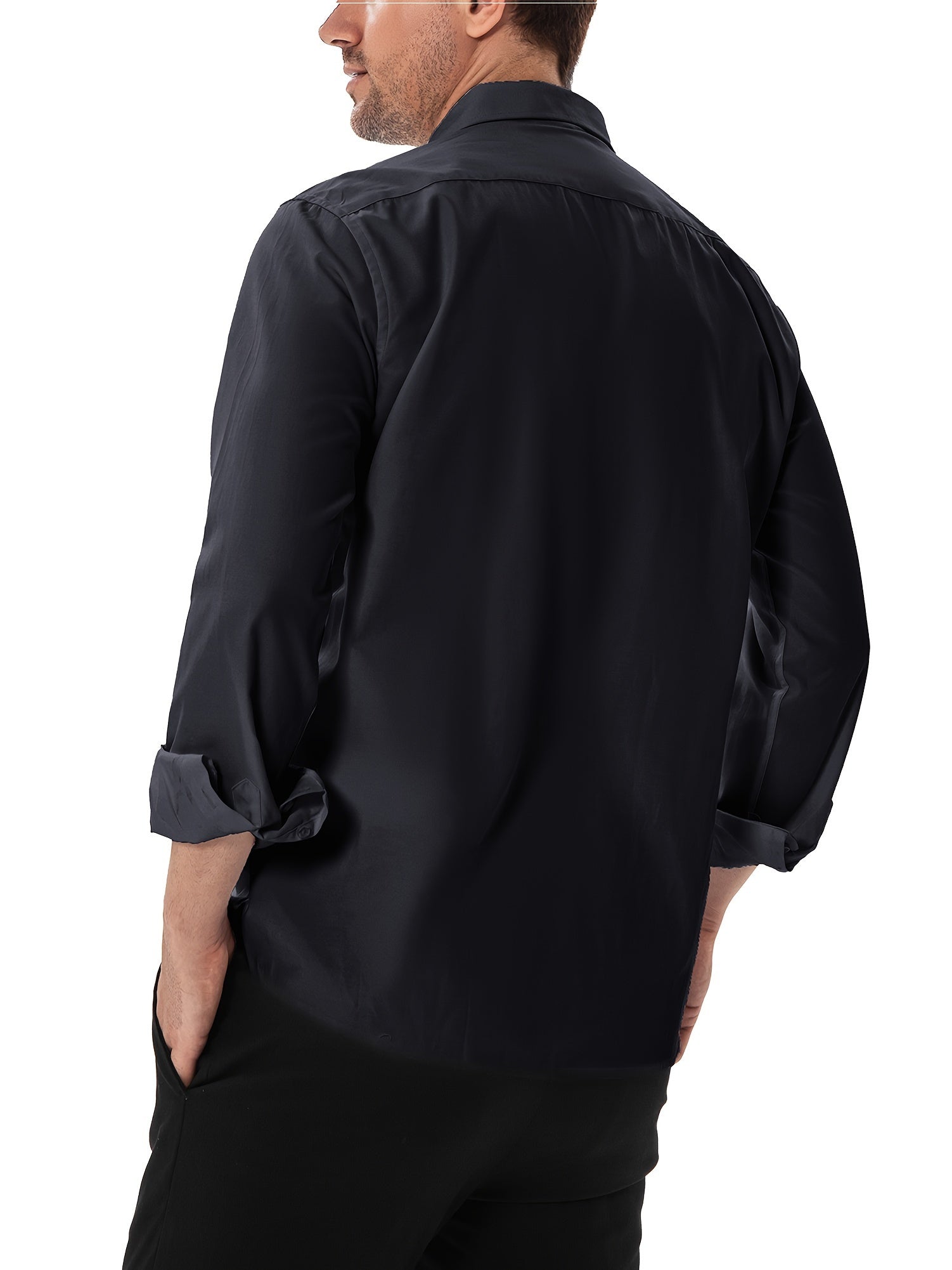 Erkaklar uchun barcha mavsumlarga mo'ljallangan ish ko'ylagi, paxta-poliyester-spandeks aralashmasi, uzoq yeng, yengil ko'ylak, tugma yopilishi, oddiy moslashuv, to'qilgan mato