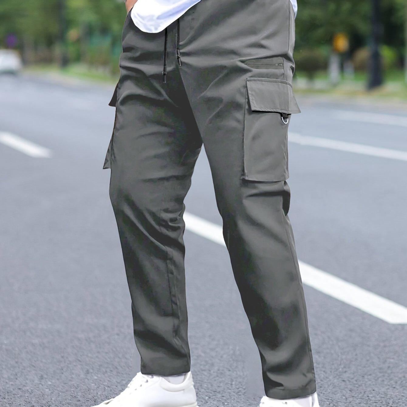 Men's Cargo Pants with Multiple Pockets Drawstring Waist Solid Polyester All-Season Street Style