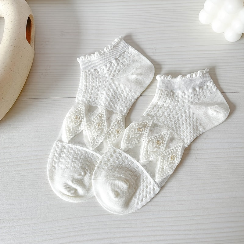 Women’s Ankle Socks Set of 5 Mesh Floral Pattern Ruffle Trim Breathable Hosiery