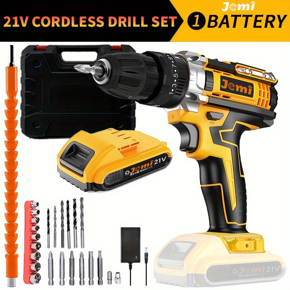 21V Cordless Drill Set with 23 Pieces 3/8 Inch Keyless Chuck 25+3 Clutch Max 45Nm