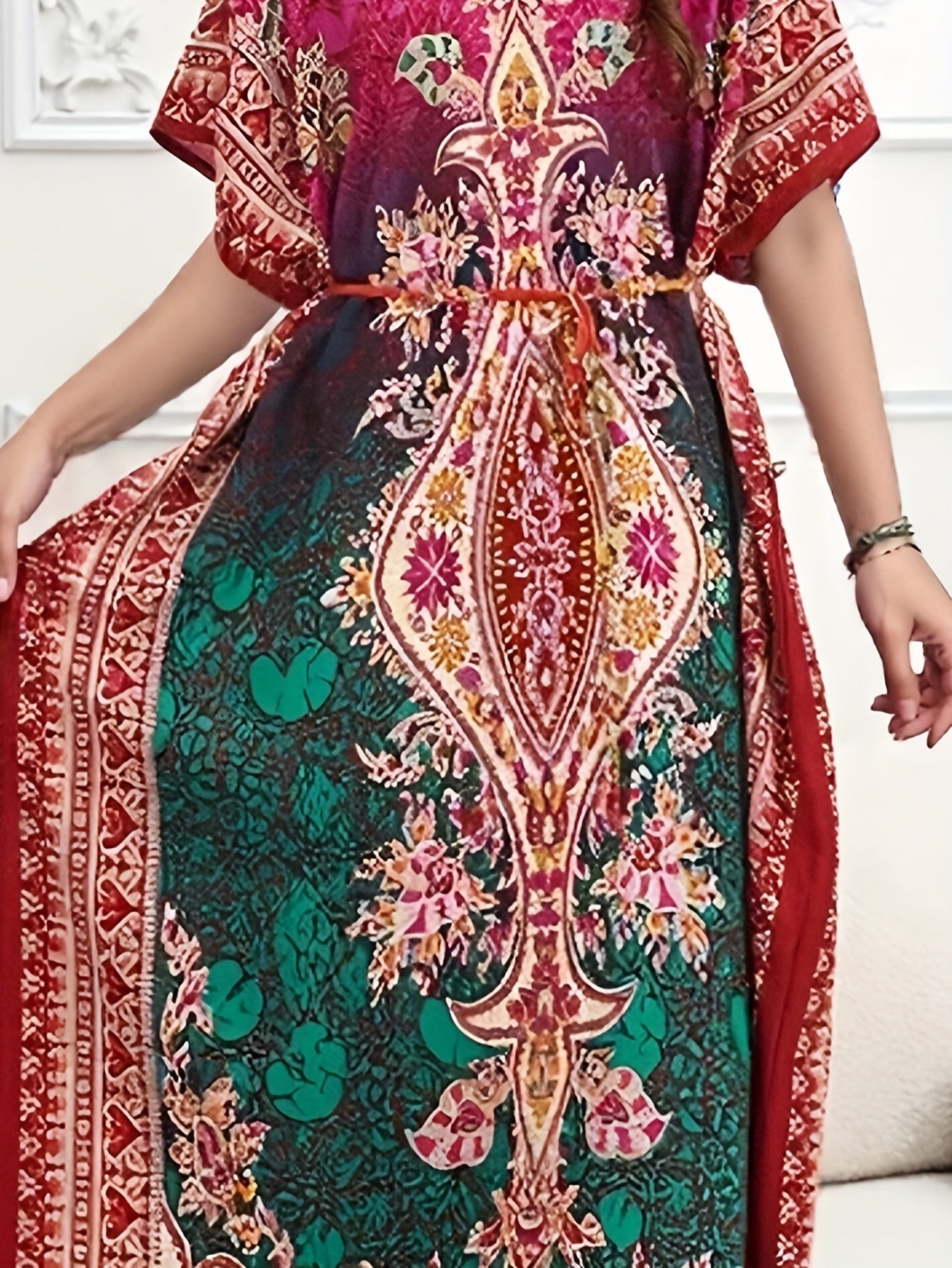 Vestido caftán de tallas grandes para mujer Ramdan con estampado geométrico vibrante, corte suelto y túnica