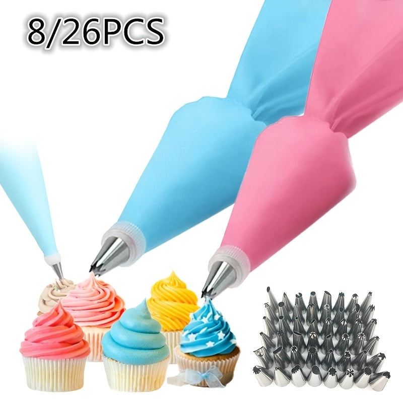 Silicone Pastry Bags Set for Cake Decorating Includes 8 and 26 Pieces Nozzle Kit