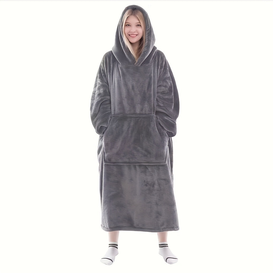 Oversized Red and Black Flannel Hoodie Blanket with Reindeer Antlers for Men and Women