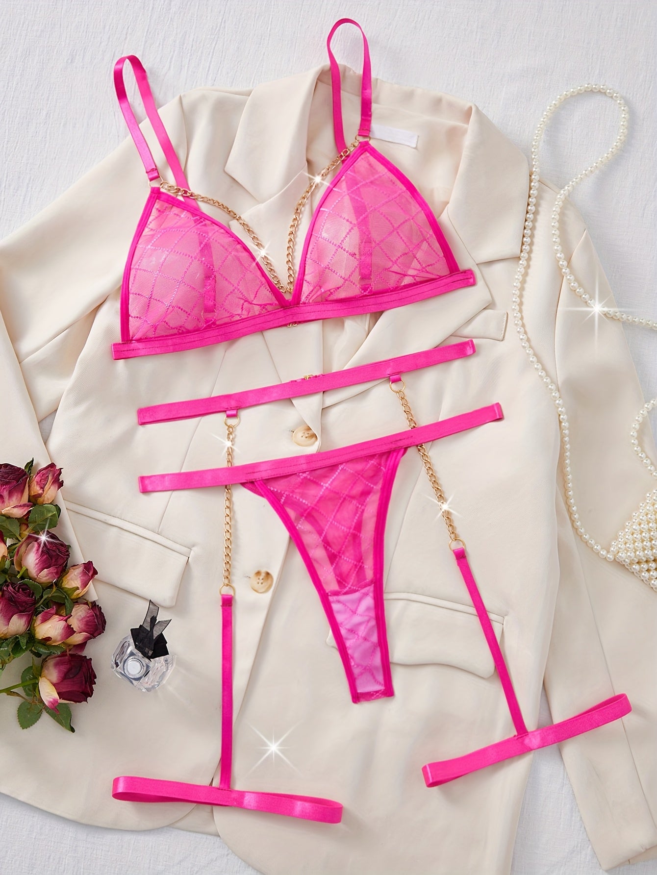 Women’s Mesh Lingerie Set with Garter Belt and Gold Chain Details