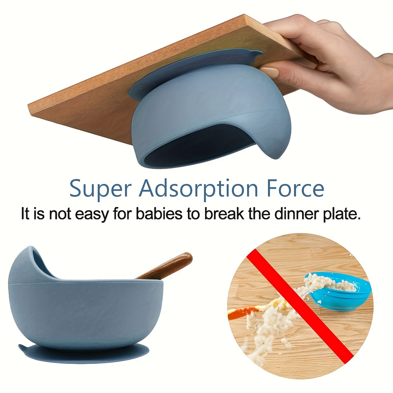 Baby Feeding Set Silicone Bowl Fork Spoon Non-Slip Microwave Safe Wooden Handle 3 Pieces