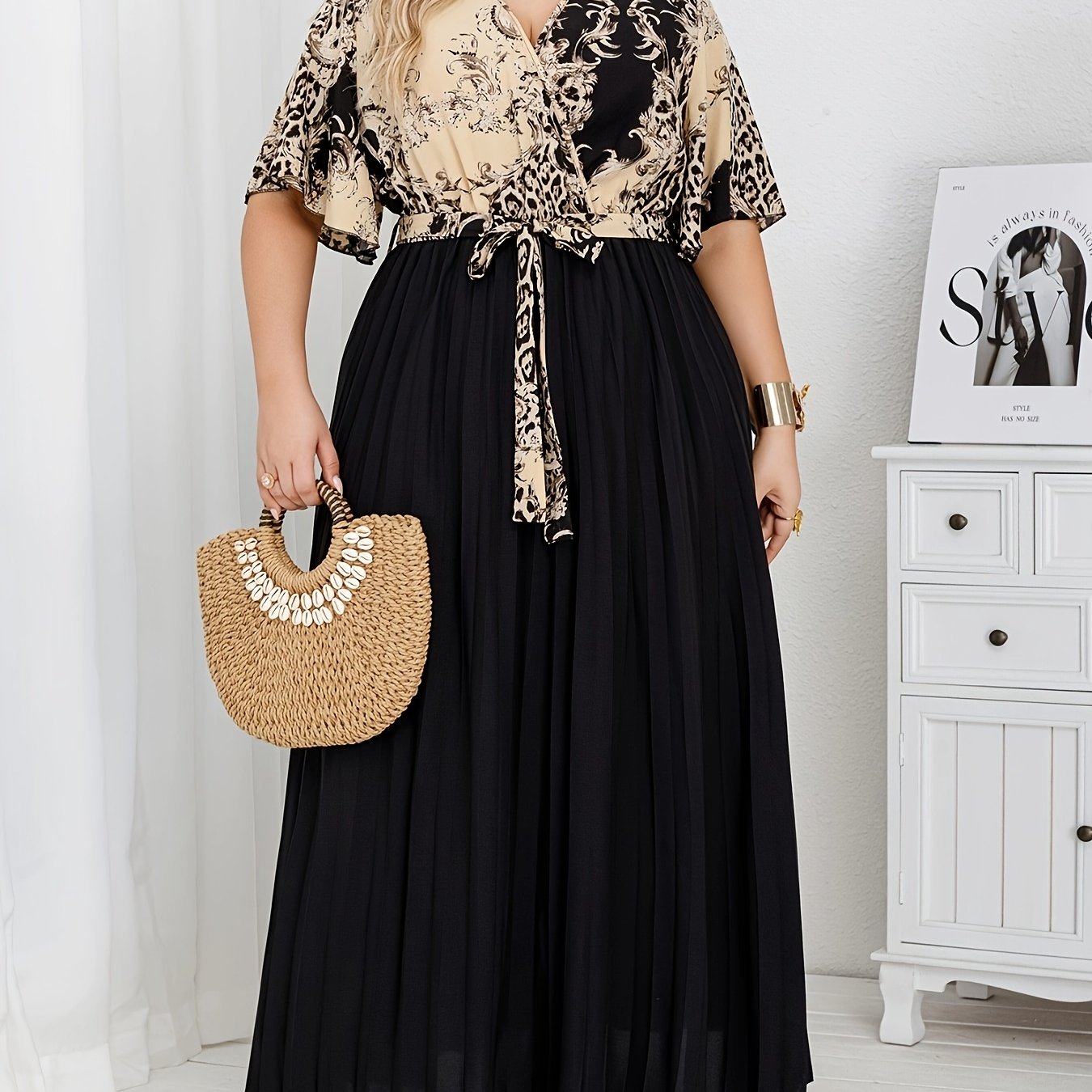 Women's Plus Size Pleated Print V-Neck Dress Elegant Temperament