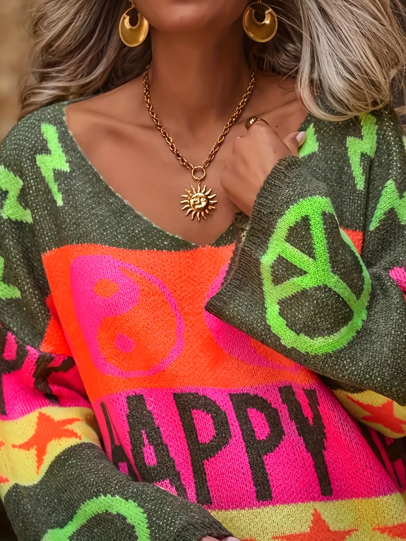 Women’s Plus Size V-Neck Sweater with Peace Sign and Star Print Green Orange