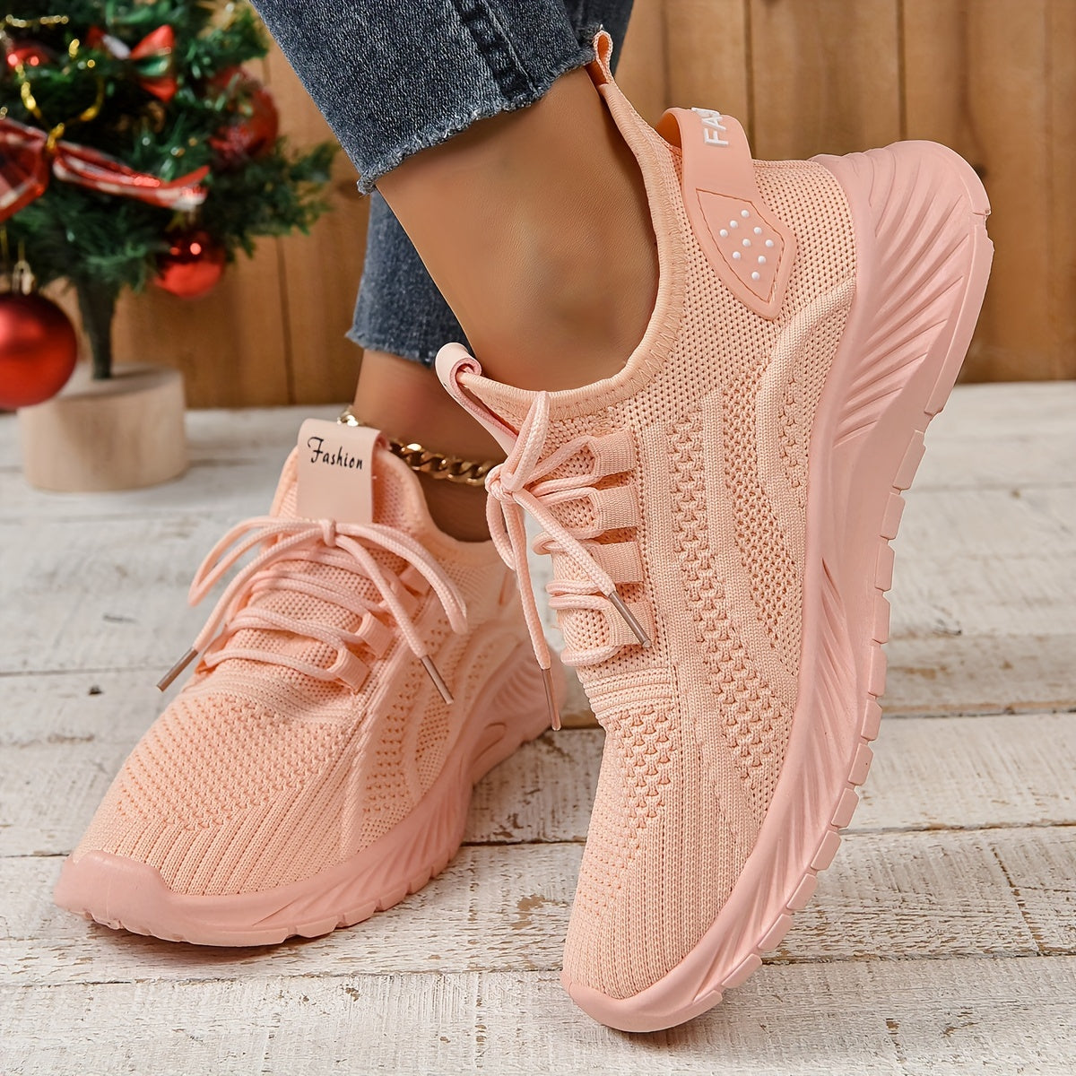 Women's White Knit Fabric Sneakers with EVA Sole and Breathable Lace-Up Design