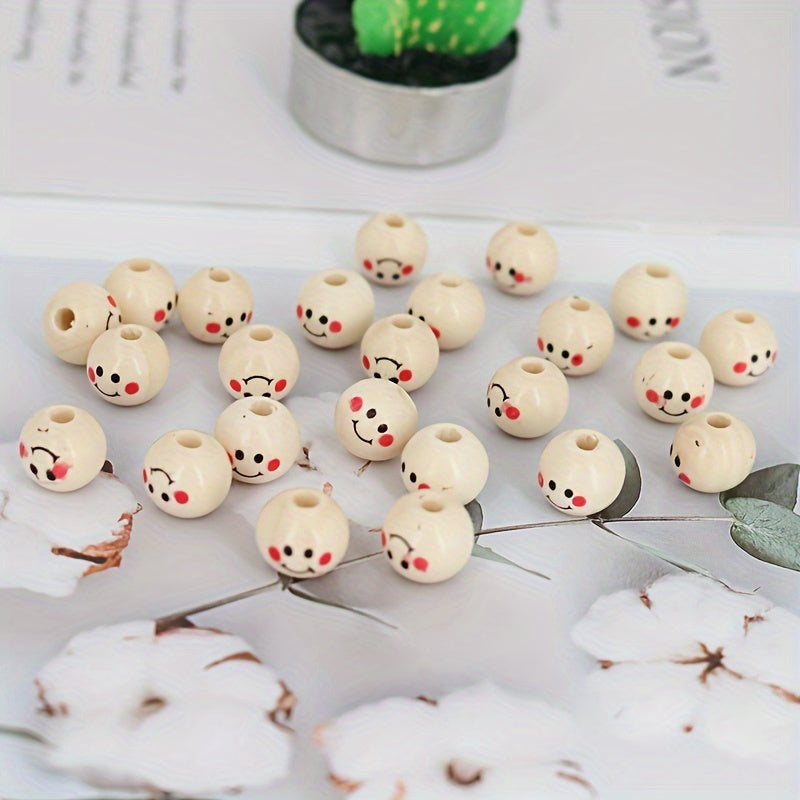 Round Wooden Beads with Happy Face Pattern for DIY Jewelry and Crafts 10mm 12mm 14mm 16mm 25mm Pack of 20 50 or 100