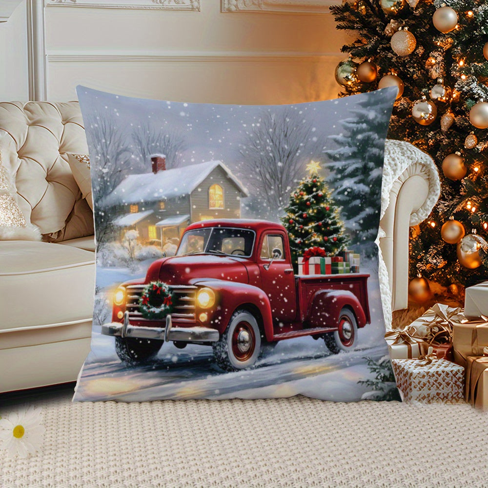 Christmas Throw Pillow Cover Red Truck Tree Knit Fabric Cushion Case for Sofa Bed Car