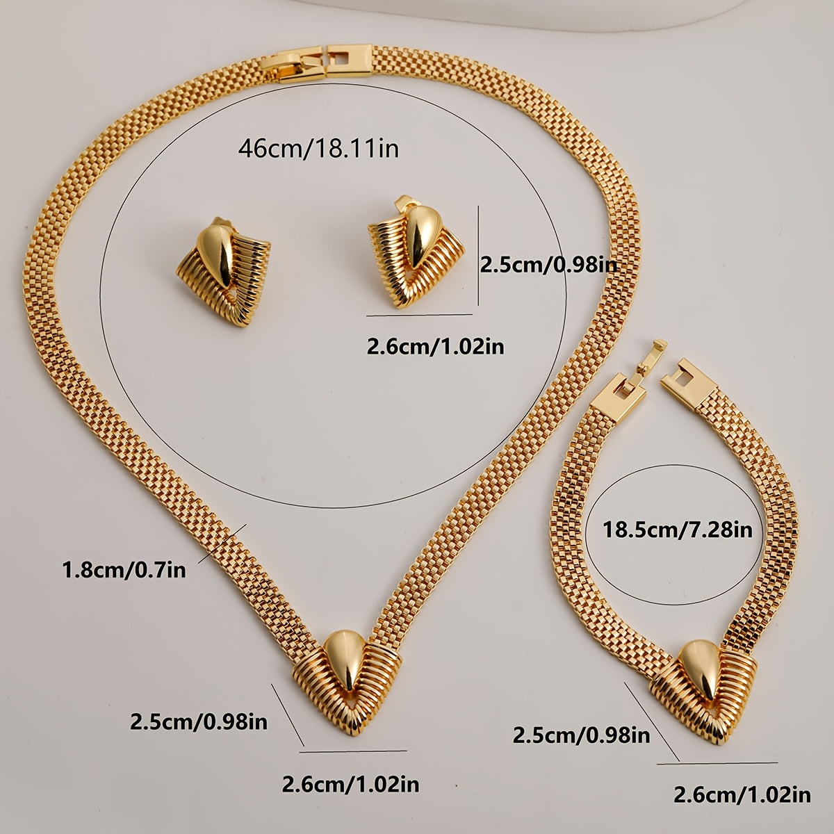 Vintage Tribal Style Geometric Jewelry Set with Necklace Bracelet Earrings 18K Gold Plated Copper