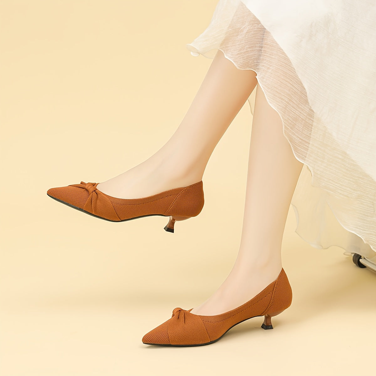 Women's Black Knit Slip-On Pumps with Pointed Toe and Bow Detail