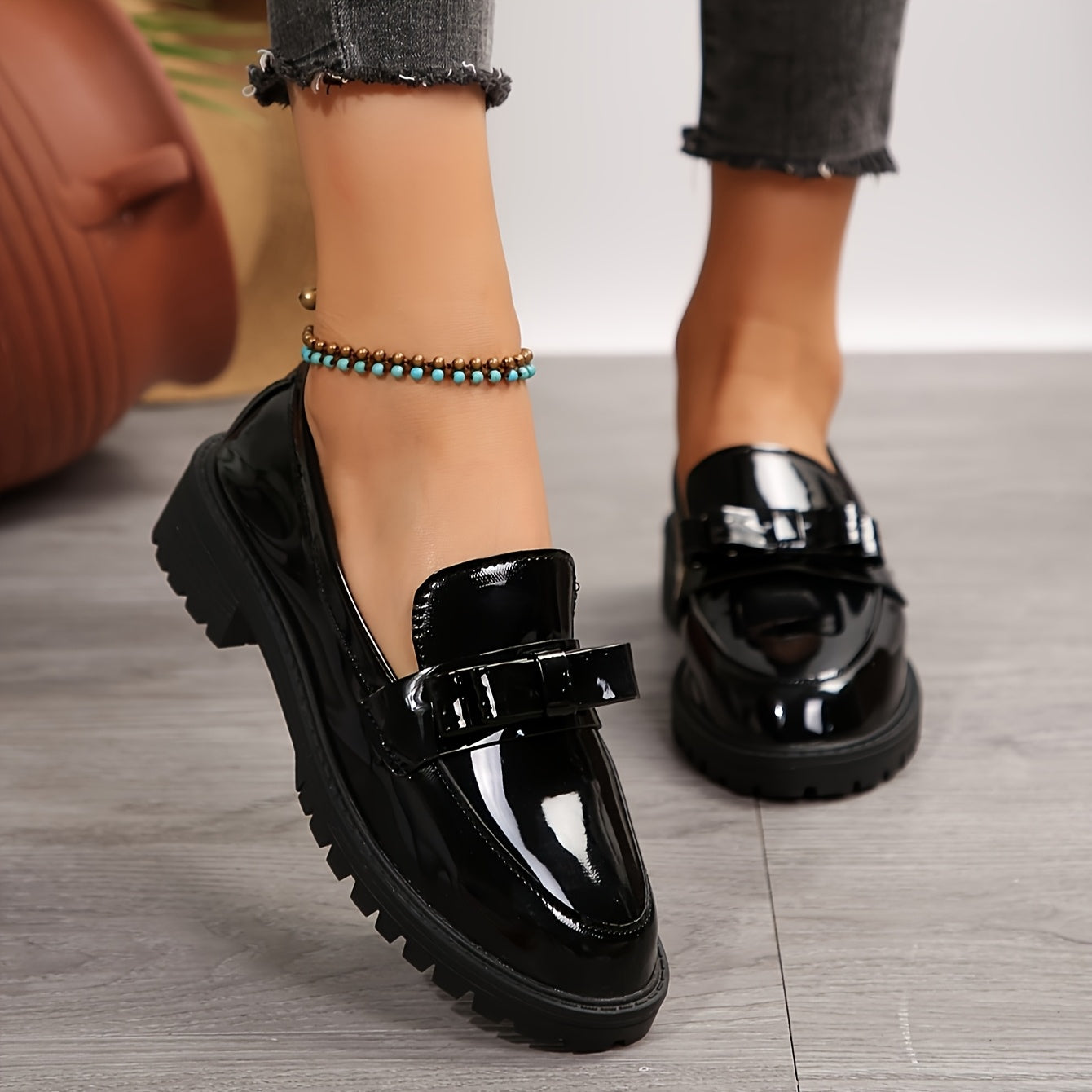 Women's Black Faux Leather Loafers with Bow Detail Slip-On Dress Shoes for Spring and Autumn