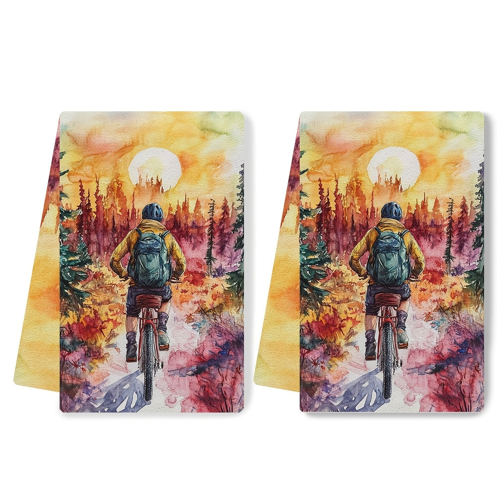 Set of 2 Vibrant Bicycle Adventure Kitchen Towels 40x60cm Absorbent Machine Washable