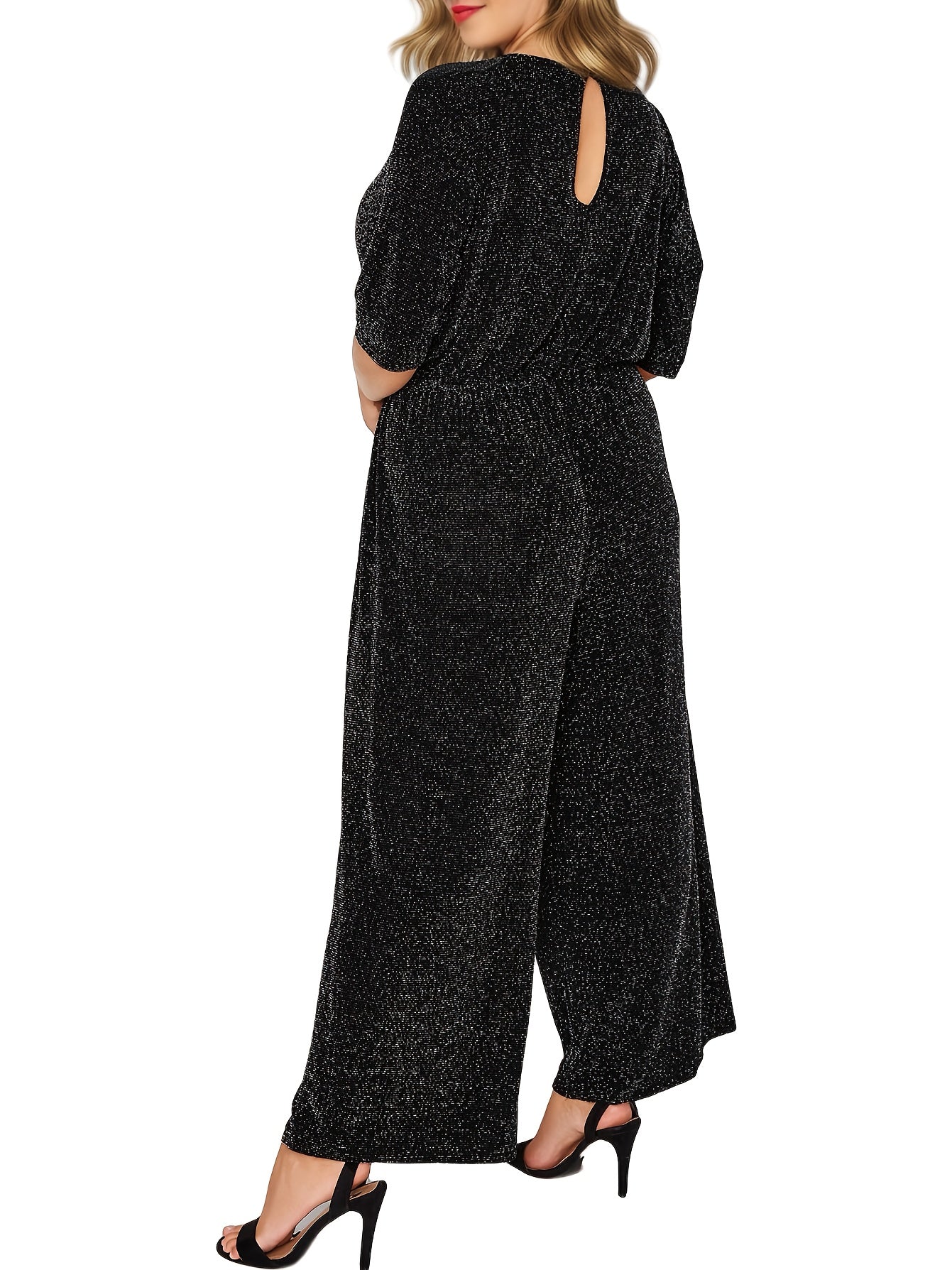 Plus Size Women's Glitter Jumpsuit V-Neck Back Wide Leg Formal Attire