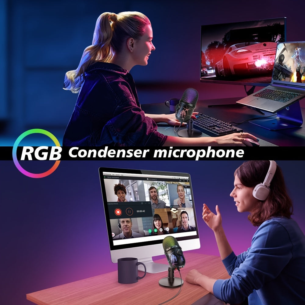 USB Condenser Microphone with RGB Lighting Noise Reduction Volume Control for Gaming Streaming Singing Video Conferencing