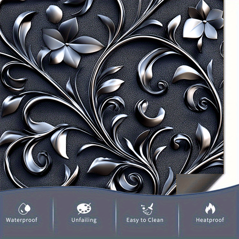 Qorong'i gul bosilgan idish-tovoq magnit stiker, suv o'tkazmaydigan, bezakli oshxona texnikasi, qora, kumush barg, 58.5x65 sm