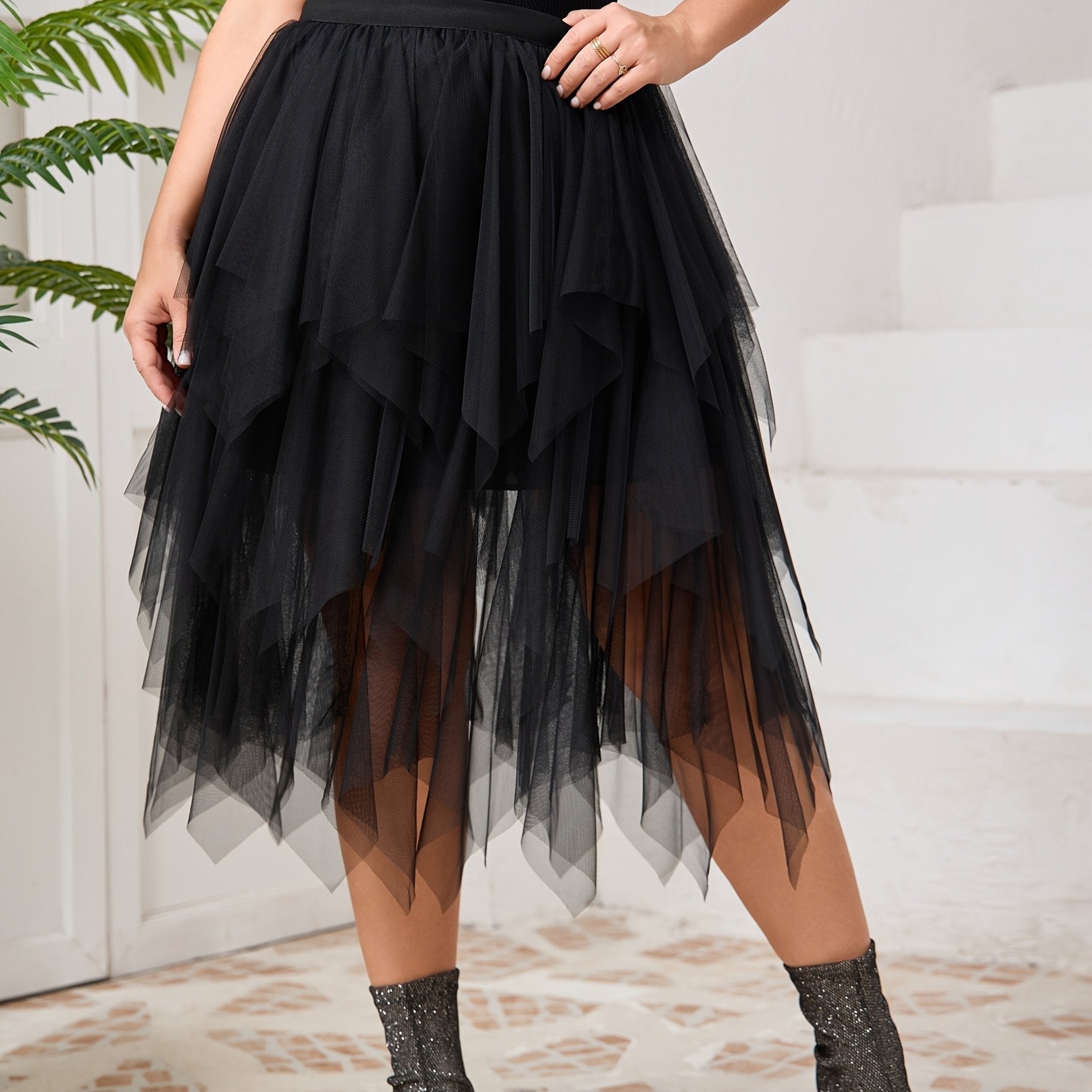 Falda irregular de malla negra para mujer talla grande para primavera verano otoño invierno