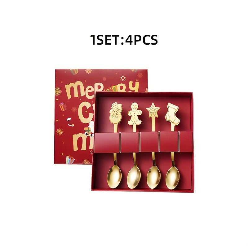 Set of 4 Christmas Stainless Steel Spoons for Coffee Tea Dessert in Gift Box