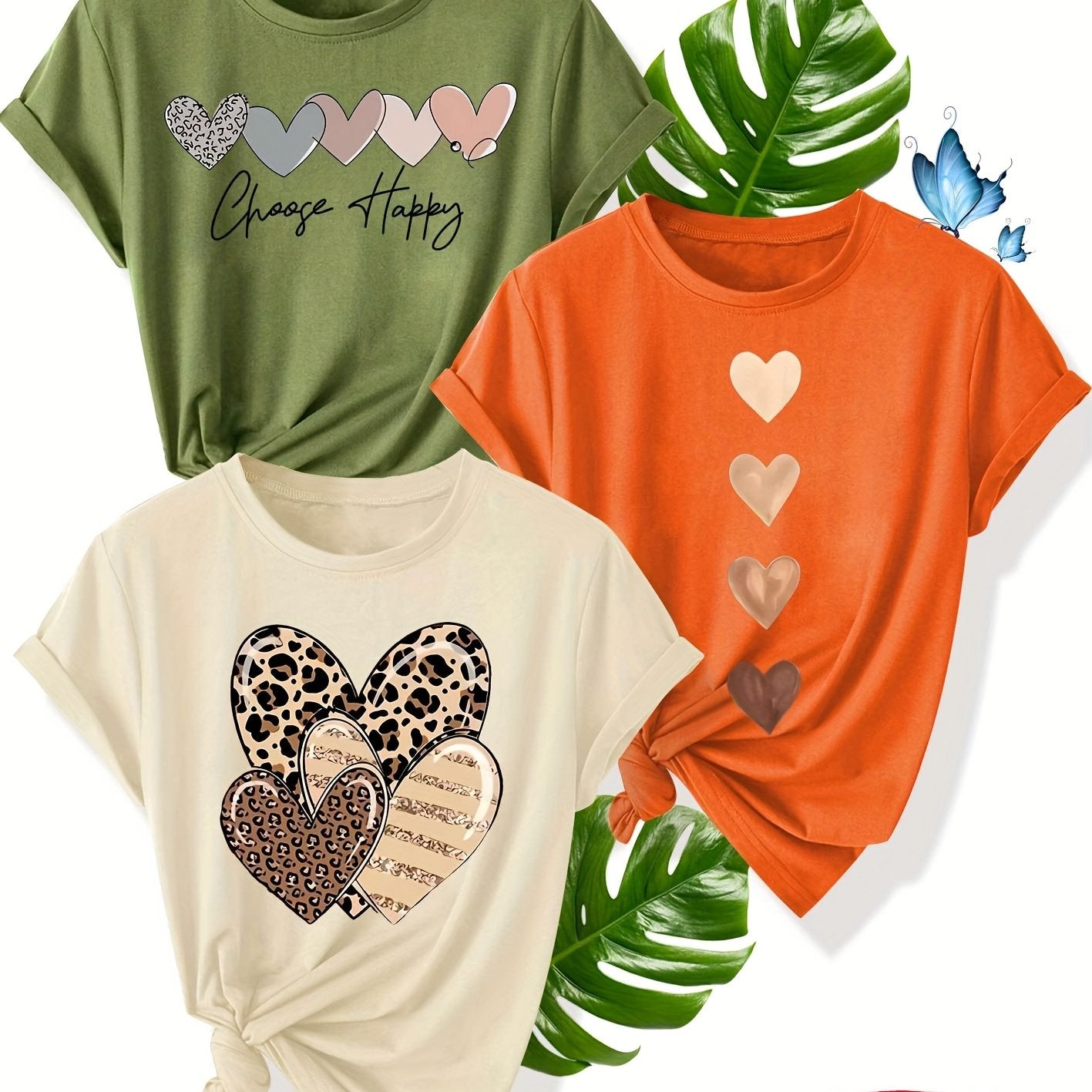 Women's Retro Heart Graphic Tees 3-Pack Short Sleeve Summer Cotton Blend
