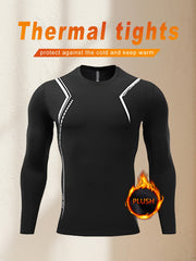 Camisa de compresión térmica para hombre con forro de felpa y estampado irregular de manga larga para actividades al aire libre