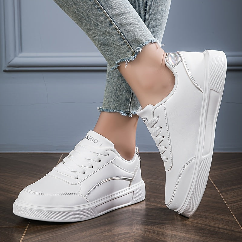 Women's White Sneakers with Gold Accents Low-Top Comfortable Casual Walking Shoes