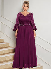 Plus Size Lace V-Neck Gown with Bell Sleeves and Pleated Skirt for Formal Events