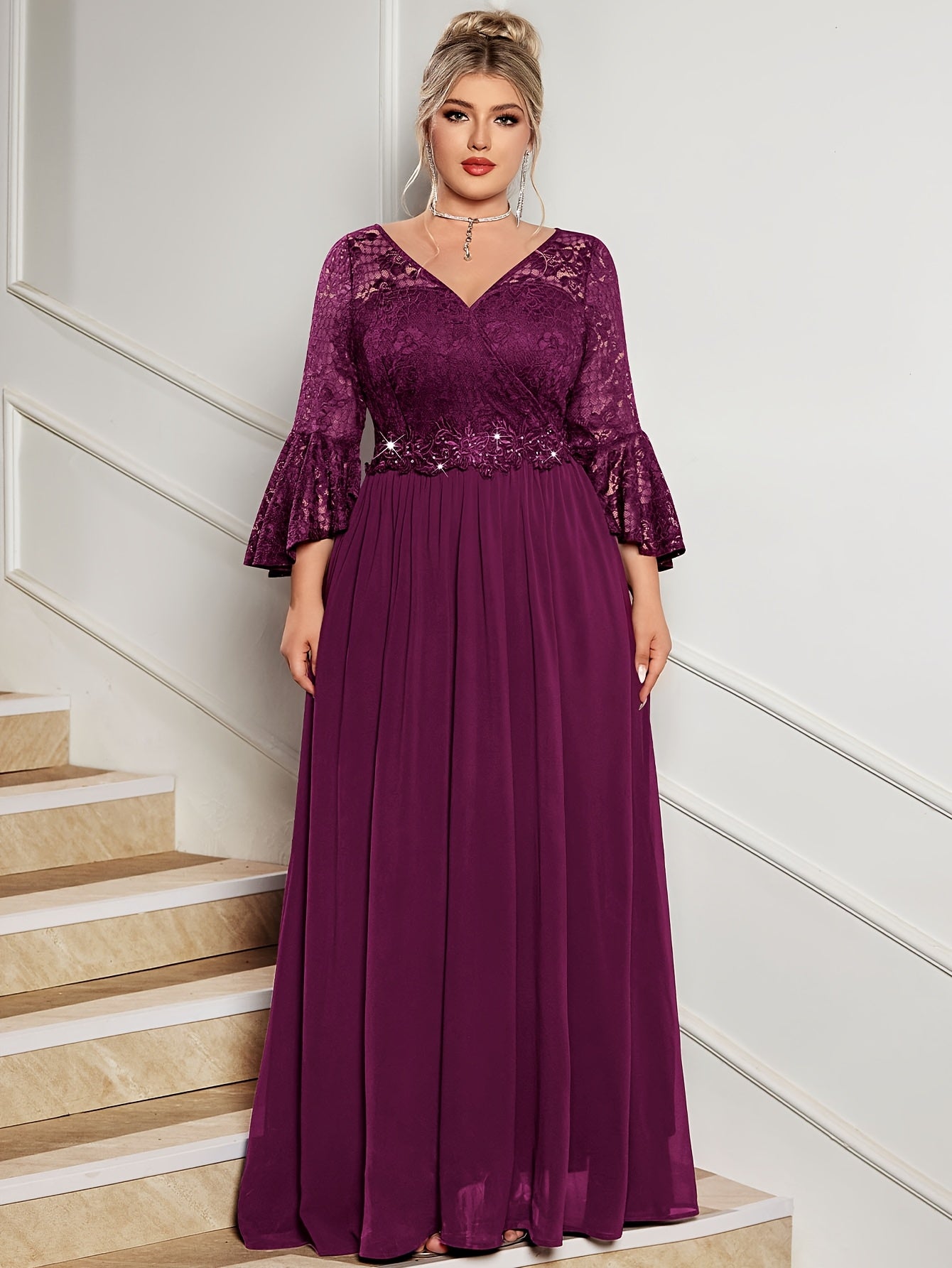 Plus Size Lace V-Neck Gown with Bell Sleeves and Pleated Skirt for Formal Events