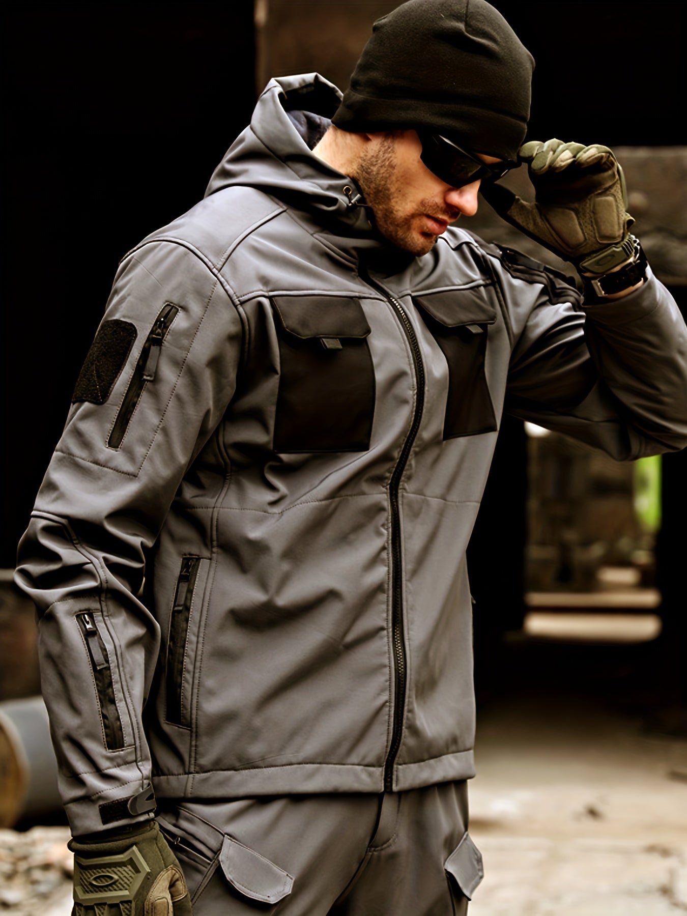 Chaqueta softshell para hombre con capucha, forro de felpa, a prueba de viento, con múltiples bolsillos, poliéster, para exteriores, invierno, primavera y otoño