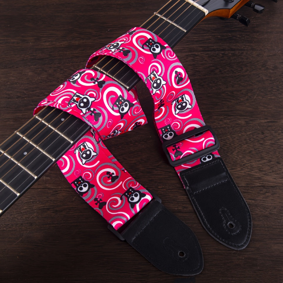 Correa de guitarra de cuero sintético ajustable con patrón vibrante en rosa, amarillo y negro para guitarra acústica, eléctrica y bajo