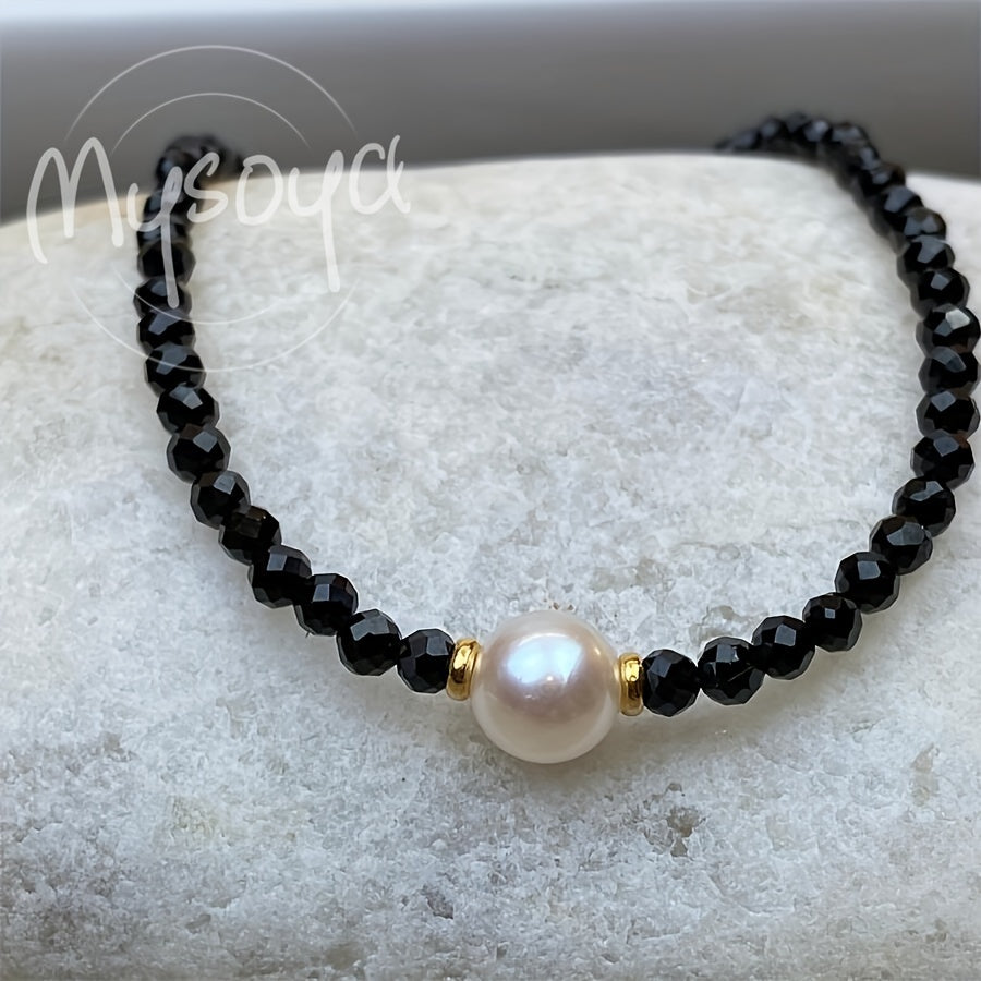 Collar de ónix negro y perla de agua dulce para mujer, joyería elegante, regalo