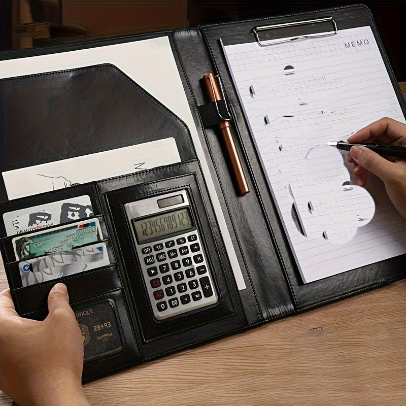 Black Faux Leather Clipboard Folder with Resume Organizer Business Card Holder Pen Loop Smartphone Pocket Office Organizer