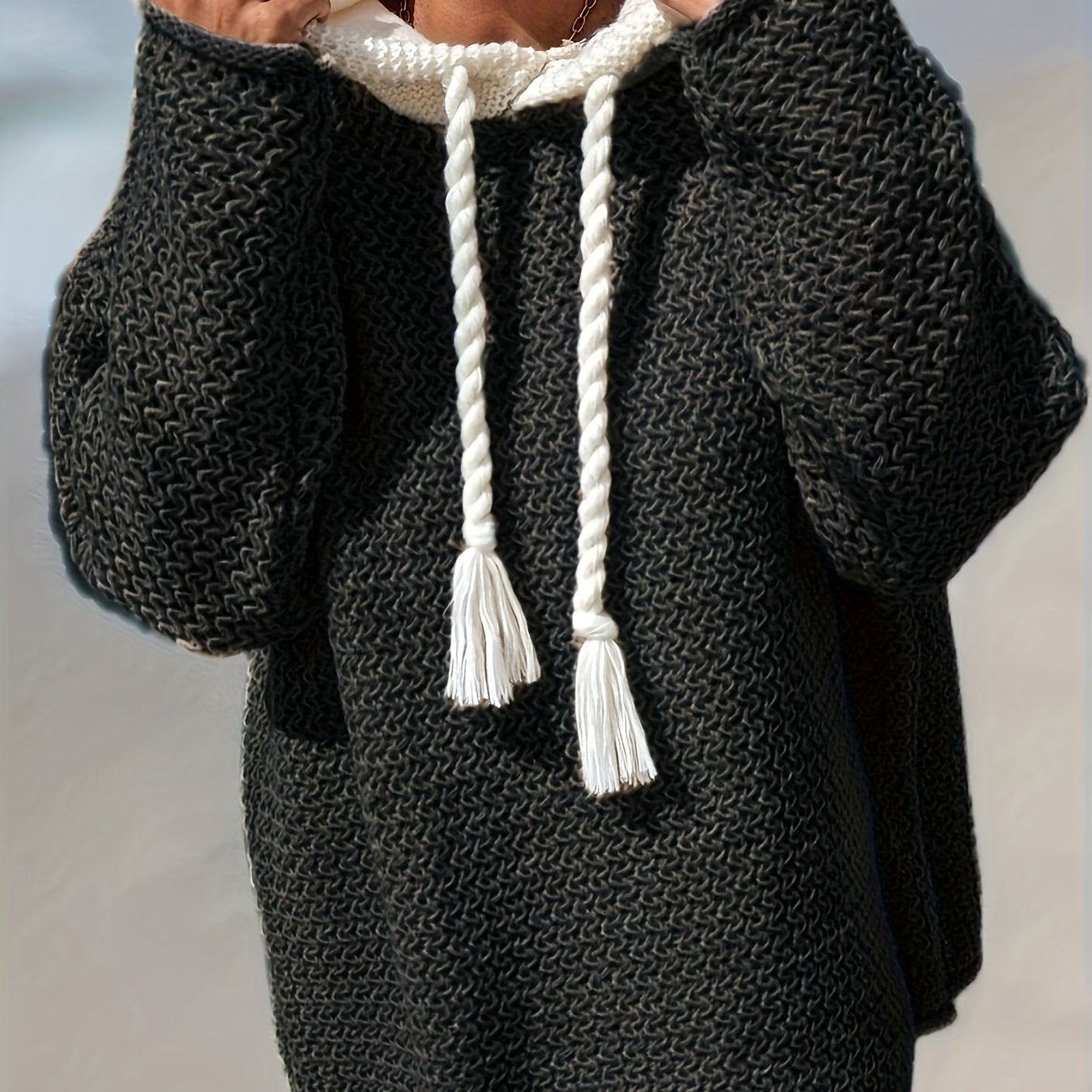 Plus Size Women's Beige Hooded Sweater with Tassel Detail Long Sleeve Pullover for Fall Winter