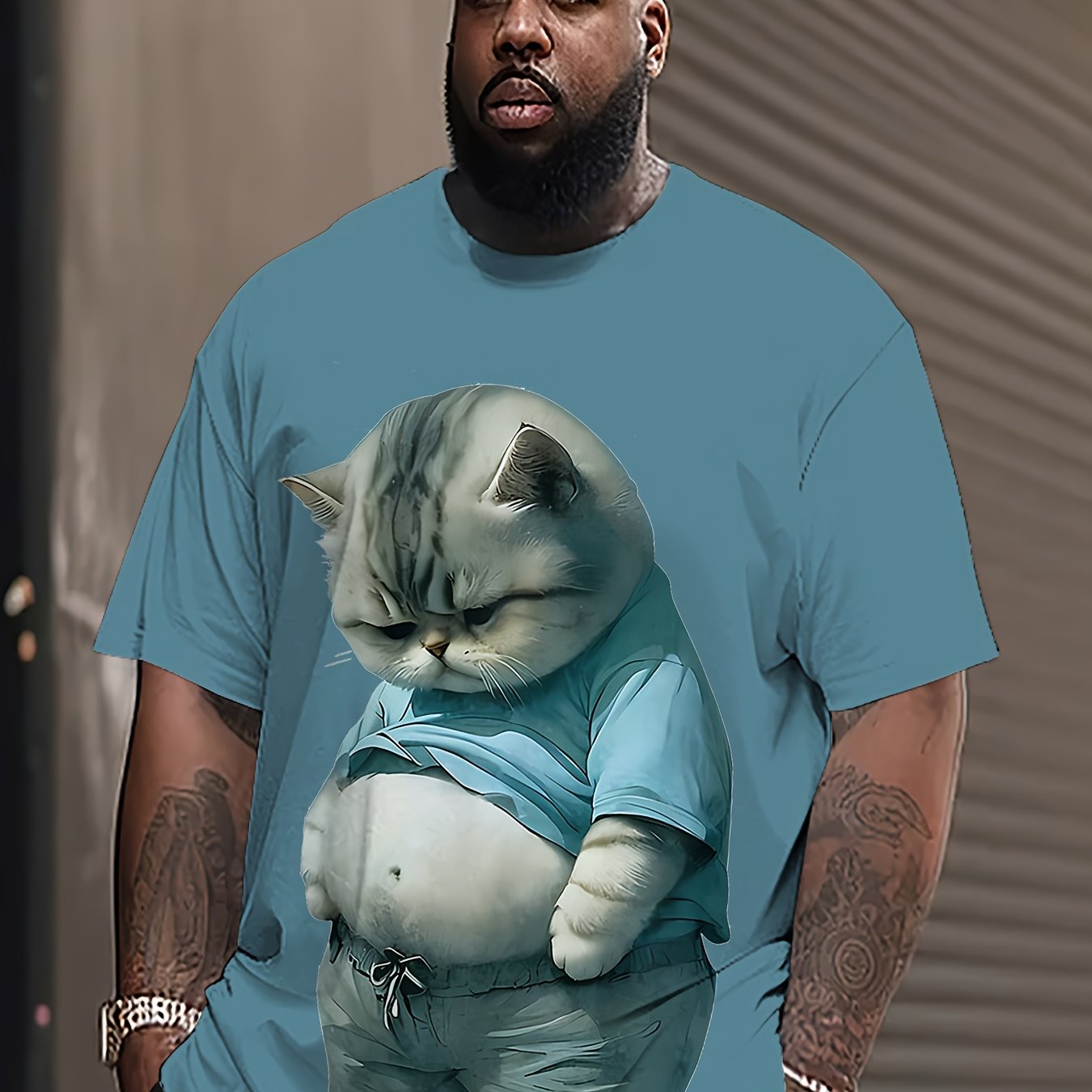 Men's Plus Size Blue Cat Print T-Shirt Polyester Spandex Casual Short Sleeve