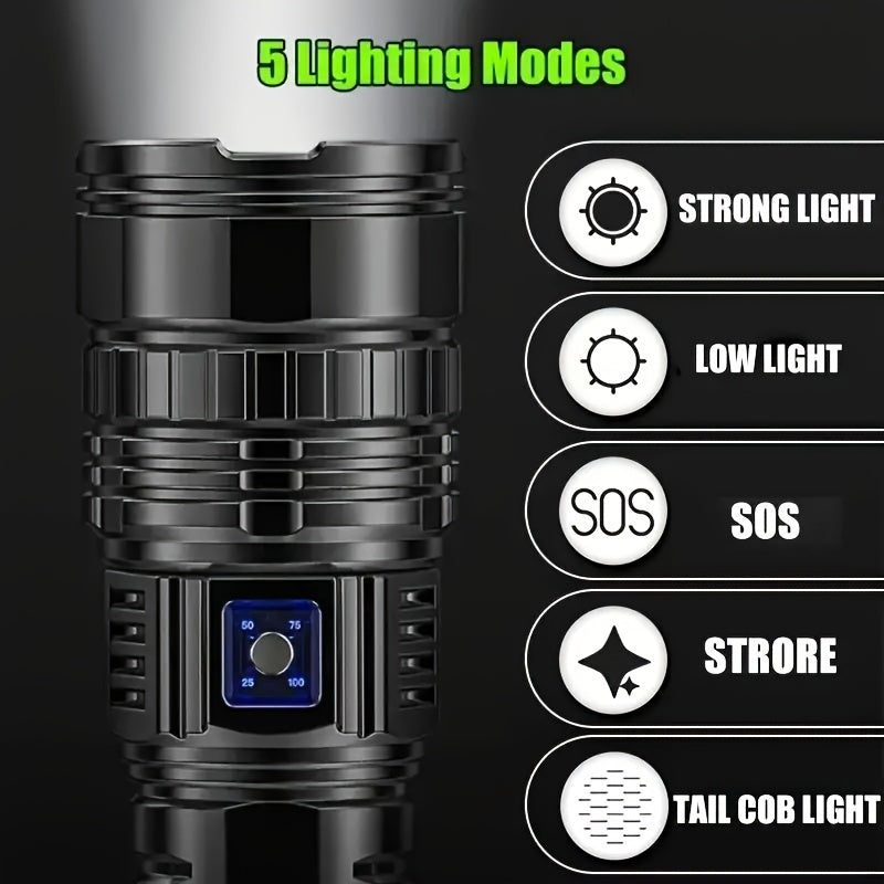 Ultra Bright LED Flashlight with USB Rechargeable Battery and Zoomable COB Tail Light for Camping Hunting Outdoor