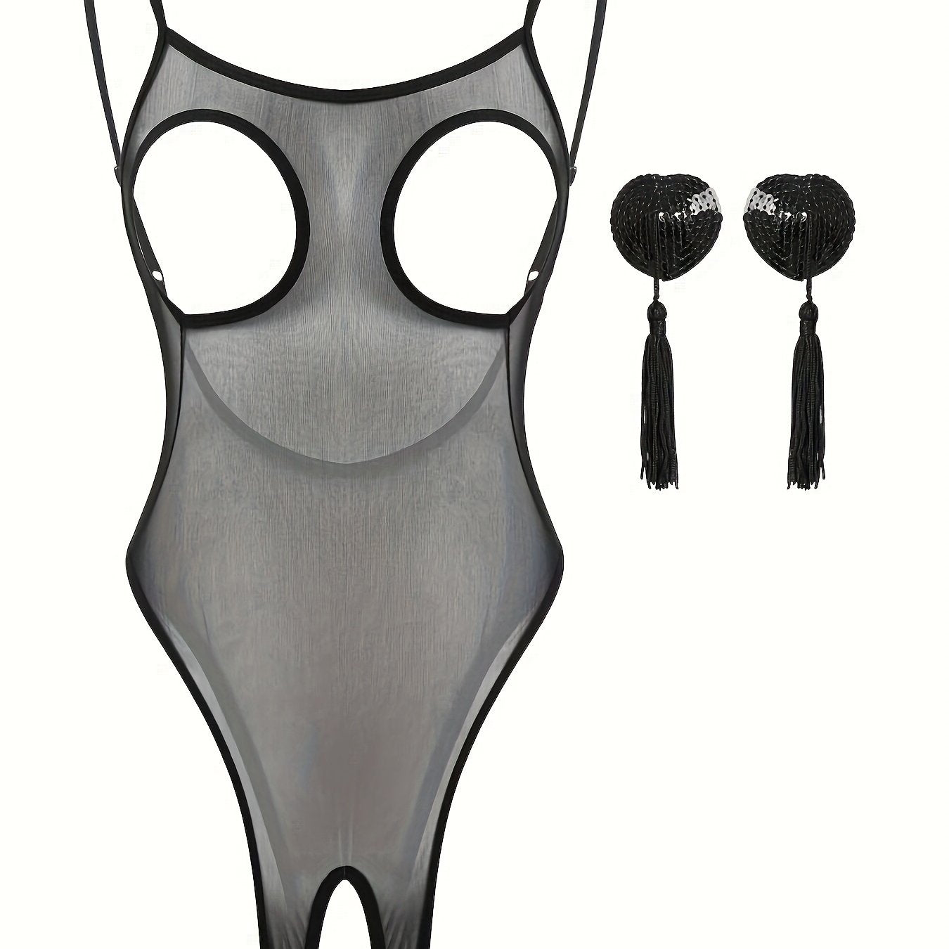 Teddy de malla sin espalda y sin entrepierna con borlas y cubre pezones sexys, lencería