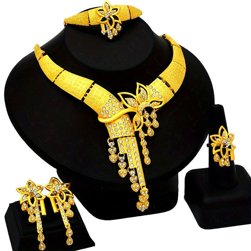 Gold Plated Hollow Flower Jewelry Set for Weddings and Parties Necklace Earrings Ring Bracelet