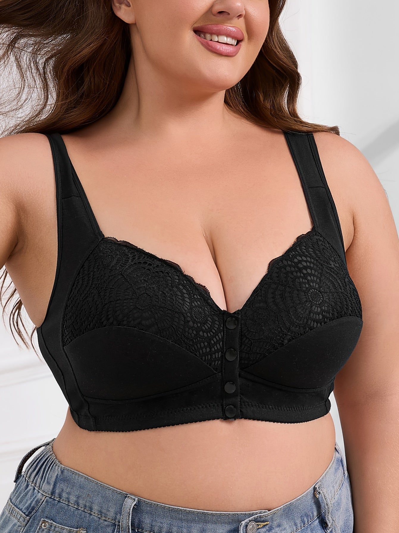 Women's Plus Size Lace Front Closure Bralette Wireless Non-Removable Pads Comfortable Lingerie