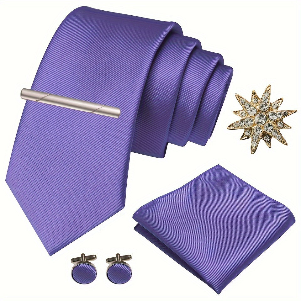 Erkaklar uchun satinning twill galstuk to'plami, galstuk klipi, cho'ntak sharlari, manşet o'rashlar va brosh uchun rasmiy tadbirlar