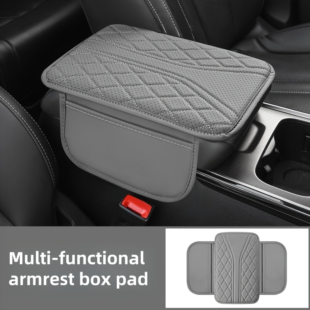 Car Interior Armrest Cover Diamond Stitch PU Leather Storage Organizer Gray