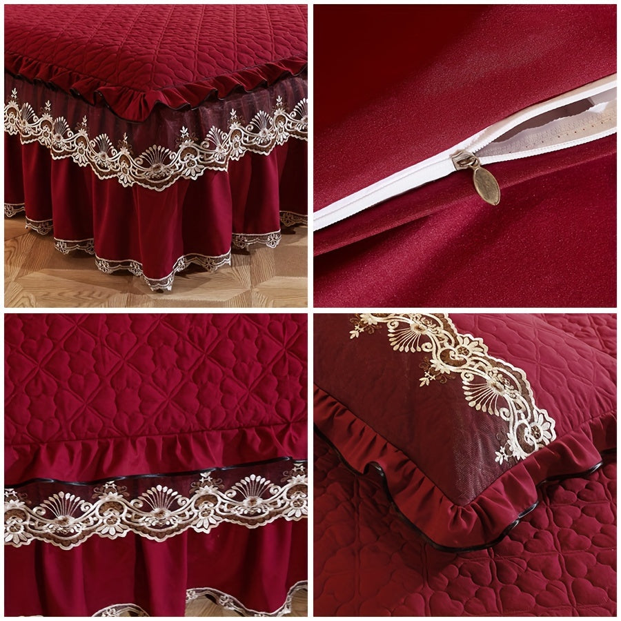 3-Piece Solid Color Quilted Love Quilt Set with Lace Bed Skirt and Pillowcases