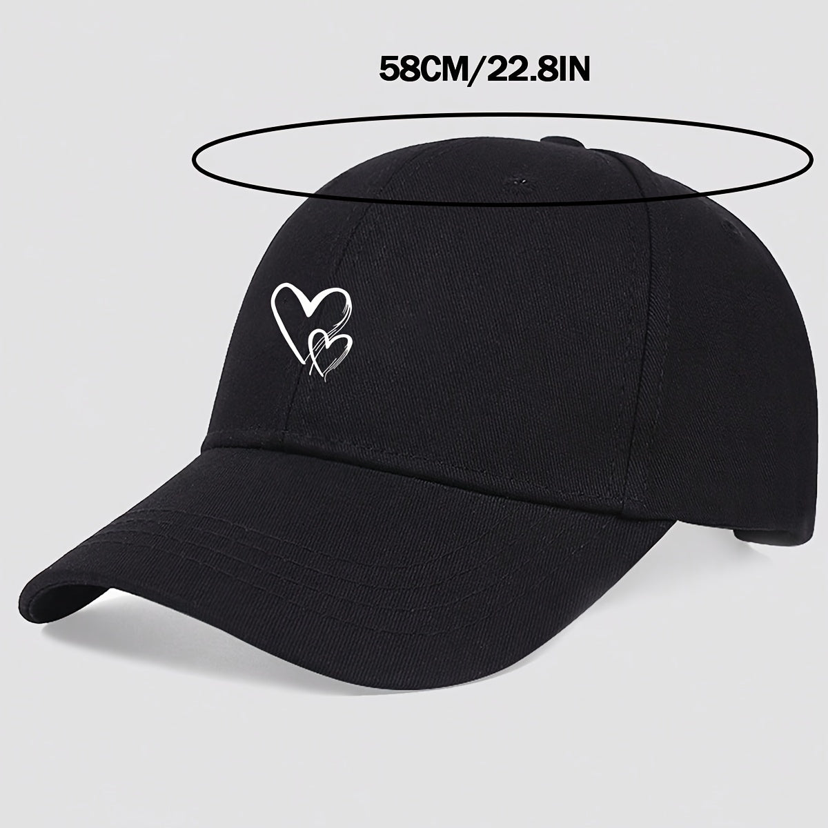 Women's Black Adjustable Baseball Cap with Love Heart Print Breathable Polyester Sun Hat