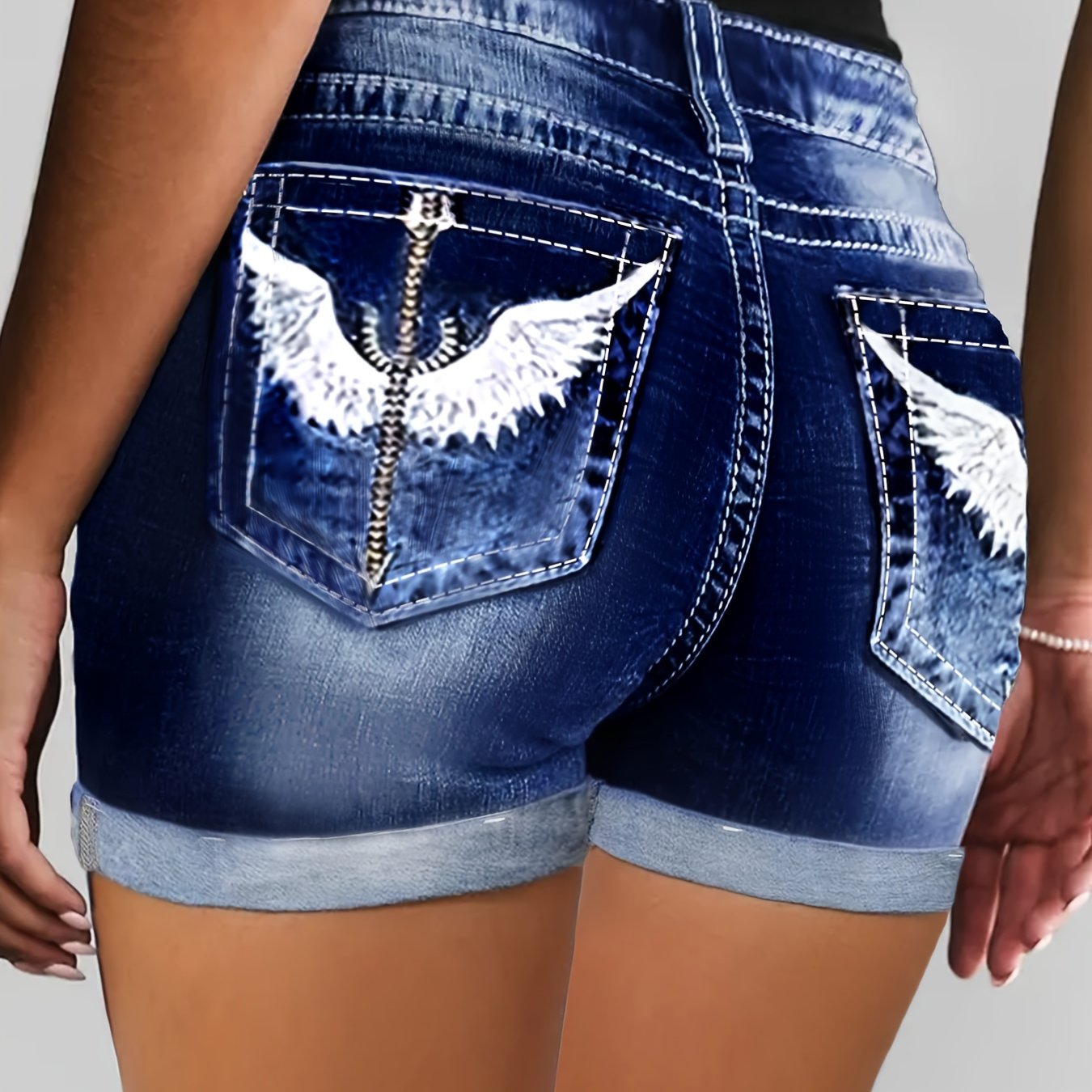 Women's Plus Size Blue Denim Shorts Cuffed Hem Embroidered Wings