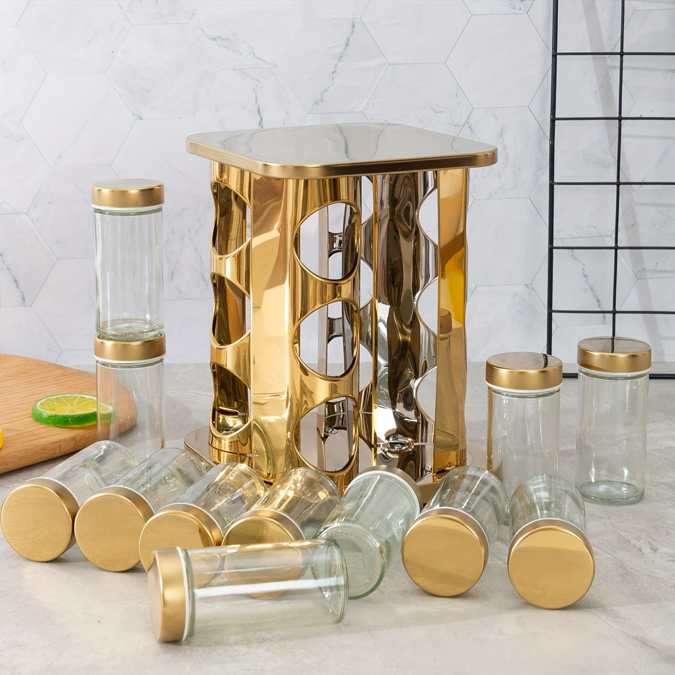 Stainless Steel Spice Rack with Pull-Out Shelf and 360° Rotation for Kitchen