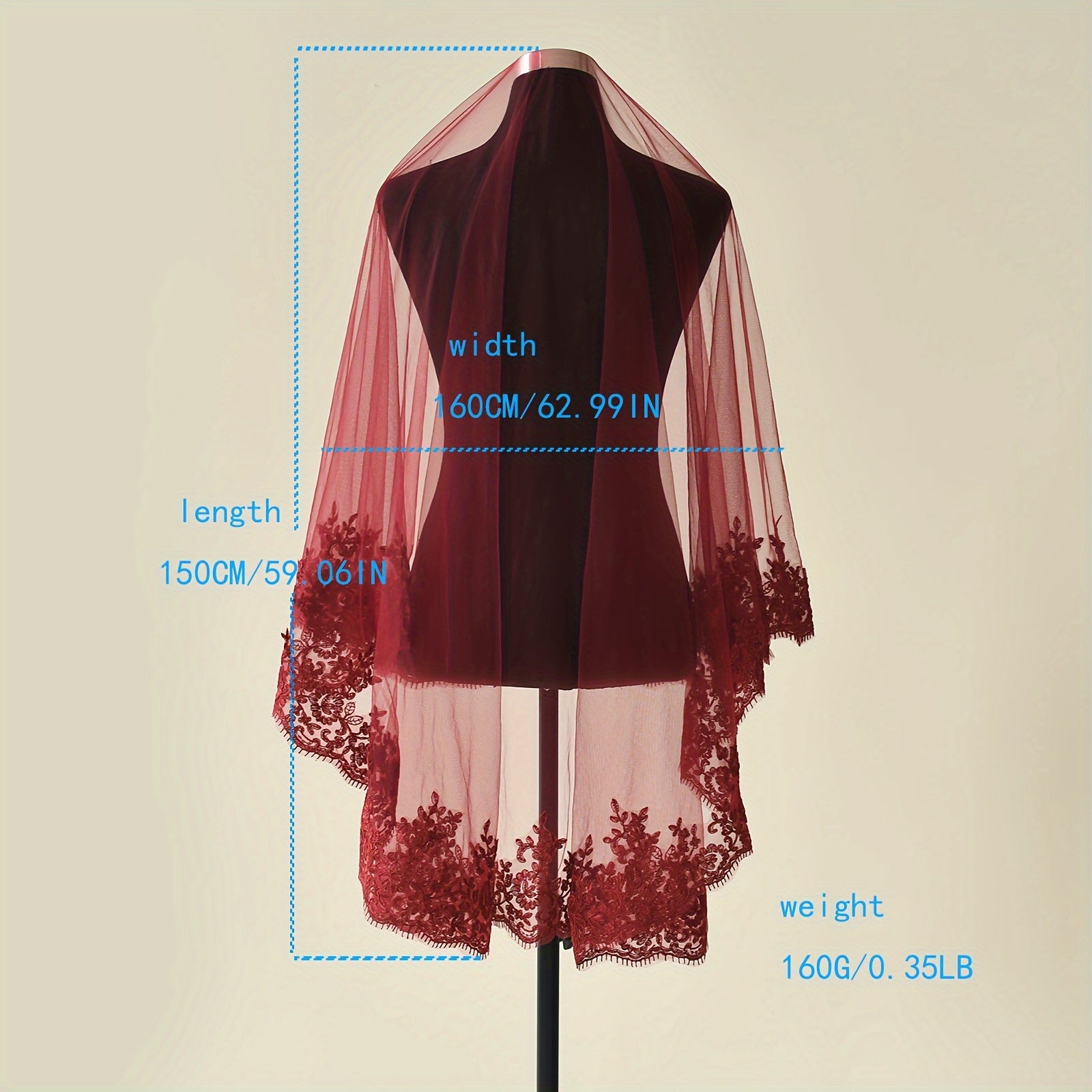 Hand Wash Only Bridal Veil with Red Embroidery Romantic Nylon Wedding Accessory