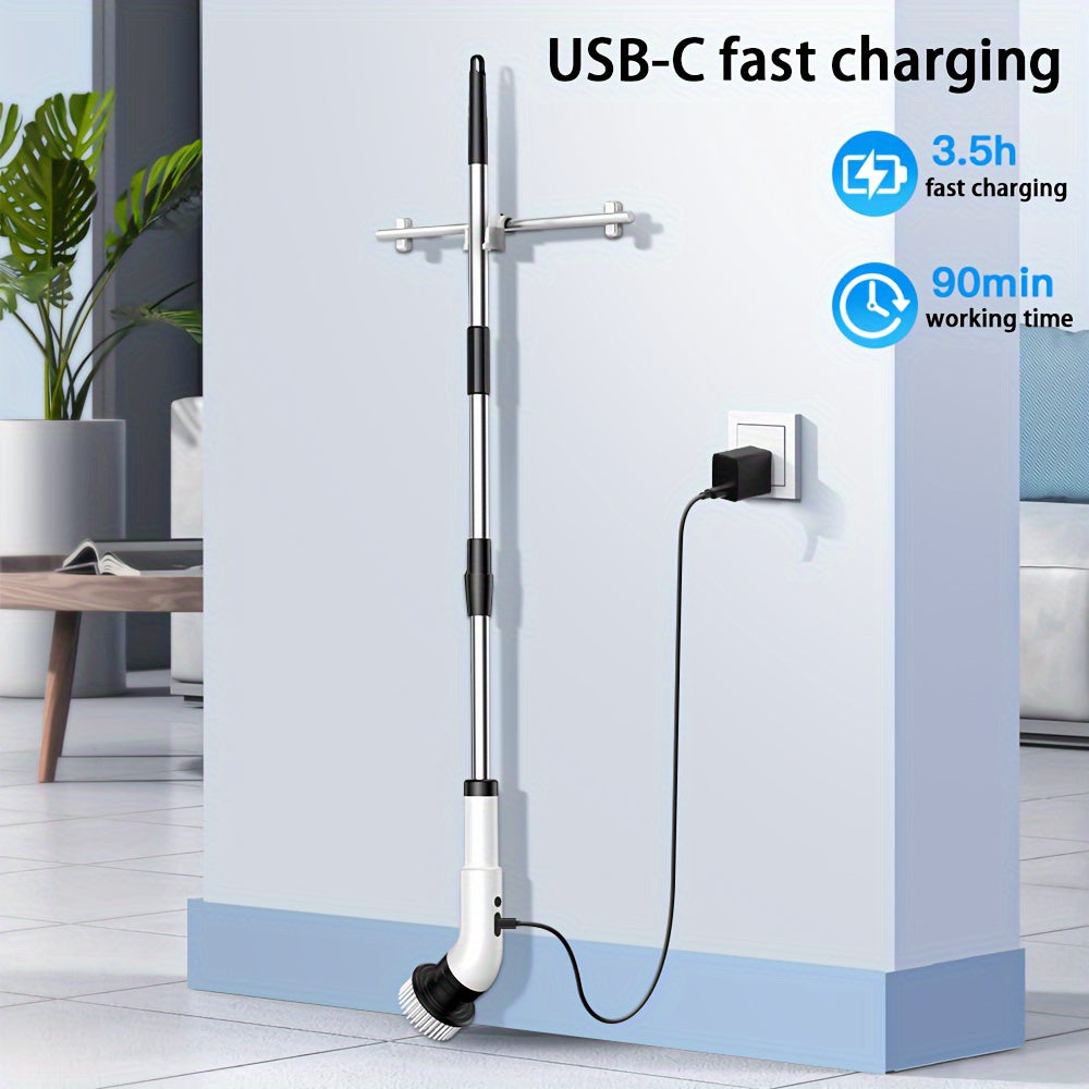 White Electric Cleaning Brush with Long Handle USB Rechargeable 2000mAh Battery