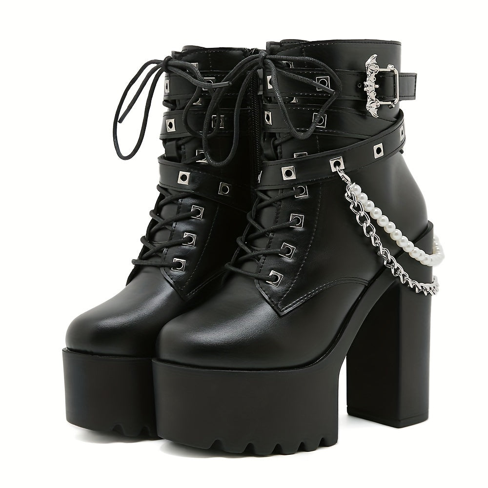 Women's Punk Platform Ankle Boots with Chain Accents Chunky Heel